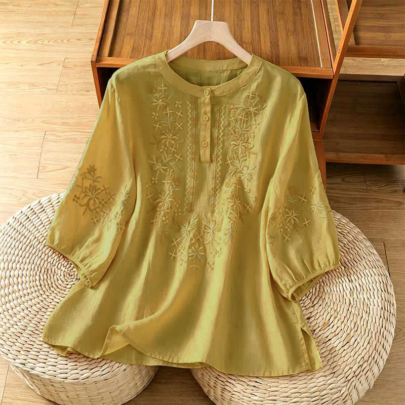 Buddha Stones Sommerliche, lässige Damenblusen im Vintage-Stil mit Blumenstickerei und kurzen Ärmeln - Khaki - US8-10, UK/AU12-14, EU40-42 (2XL) - image 13