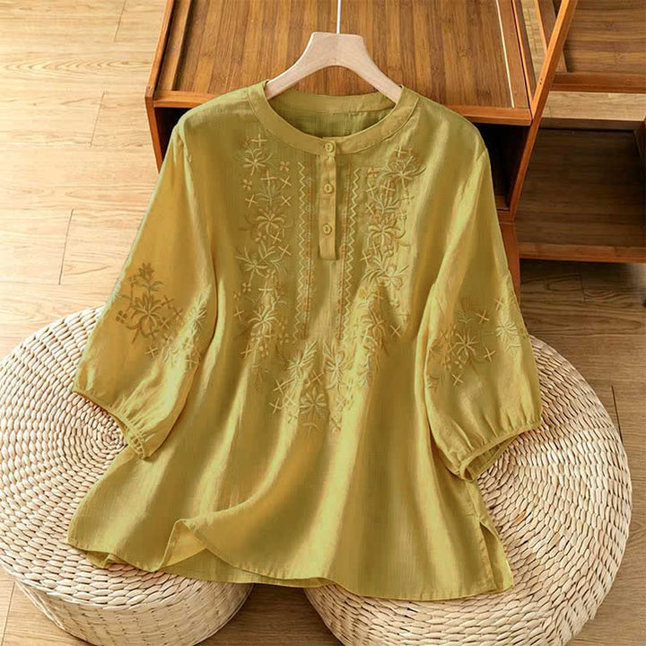 Buddha Stones Sommerliche, lässige Damenblusen im Vintage-Stil mit Blumenstickerei und kurzen Ärmeln - Khaki - US8-10, UK/AU12-14, EU40-42 (2XL) - image 13