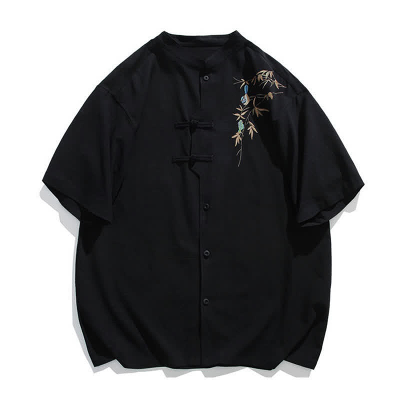 Buddha Stones Sommerliches Kurzarmhemd im Tang-Stil mit Stehkragen, Froschknopfleiste und Blattstickerei für Herren - Schwarz - US/UK/AU46, EU56 (5XL) - image 0