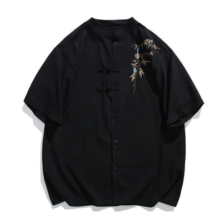 Buddha Stones Sommerliches Kurzarmhemd im Tang-Stil mit Stehkragen, Froschknopfleiste und Blattstickerei für Herren - Schwarz - US/UK/AU46, EU56 (5XL) - image 0
