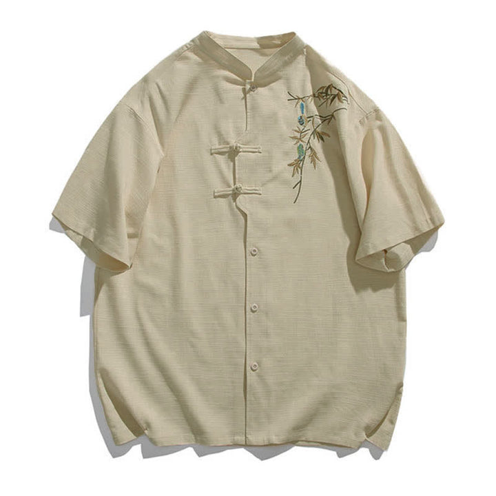 Buddha Stones Sommerliches Kurzarmhemd im Tang-Stil mit Stehkragen, Froschknopfleiste und Blattstickerei für Herren - Beige - US/UK/AU46, EU56 (5XL) - image 2