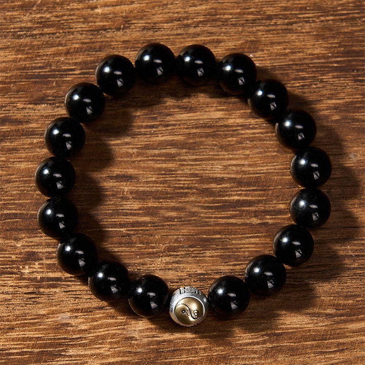 Buddha Stones Schwarzes Obsidian-Armband mit Yin-Yang-Symbol im Vintage-Stil, rund, mit Perlen - image 1