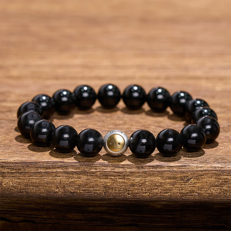 Buddha Stones Schwarzes Obsidian-Armband mit Yin-Yang-Symbol im Vintage-Stil, rund, mit Perlen - Yin Yang (Gleichgewicht ♥ Harmonie) - image 0