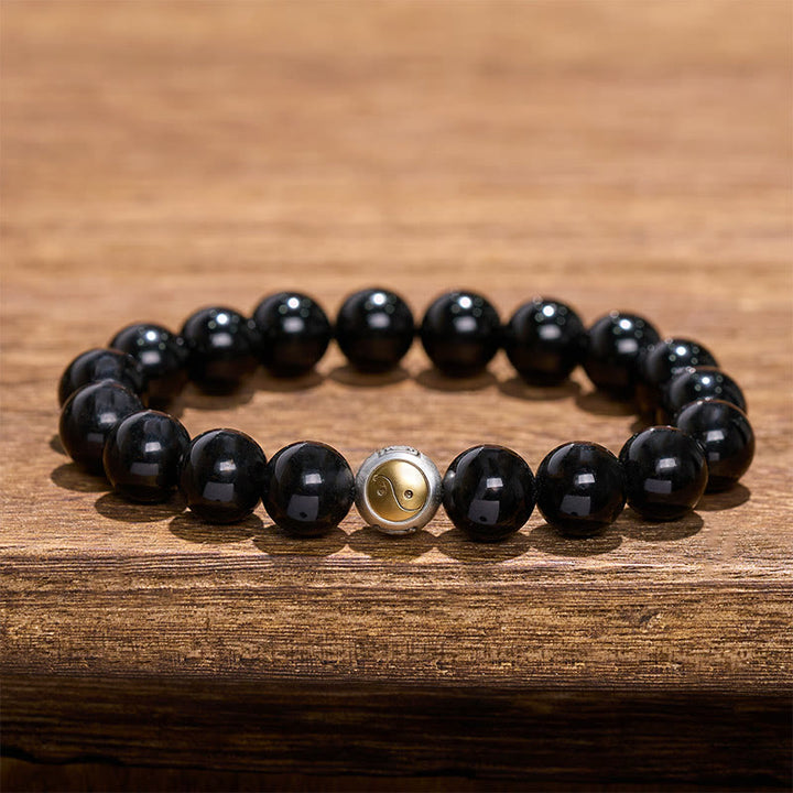 Buddha Stones Schwarzes Obsidian-Armband mit Yin-Yang-Symbol im Vintage-Stil, rund, mit Perlen - Yin Yang (Gleichgewicht ♥ Harmonie) - image 0