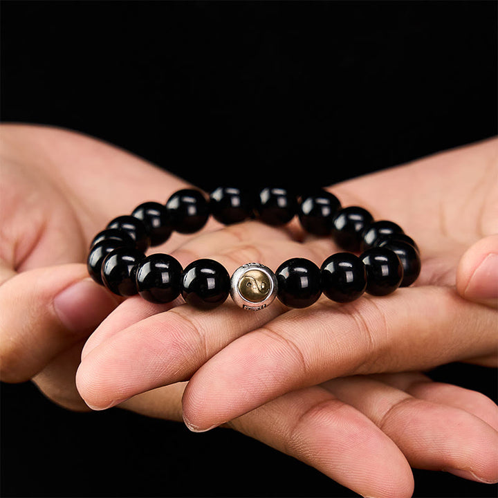 Buddha Stones Schwarzes Obsidian-Armband mit Yin-Yang-Symbol im Vintage-Stil, rund, mit Perlen - image 4