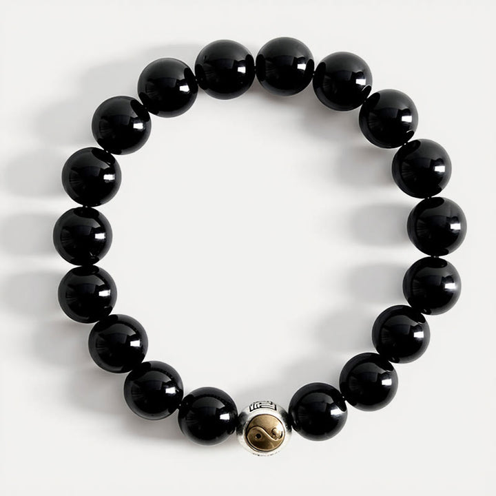 Buddha Stones Schwarzes Obsidian-Armband mit Yin-Yang-Symbol im Vintage-Stil, rund, mit Perlen - image 3