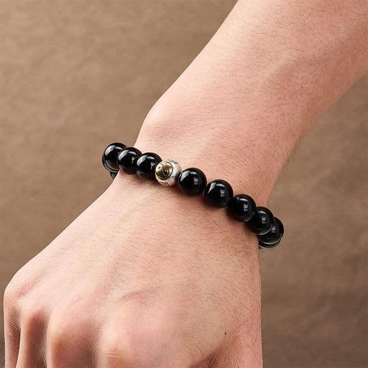 Buddha Stones Schwarzes Obsidian-Armband mit Yin-Yang-Symbol im Vintage-Stil, rund, mit Perlen - image 5