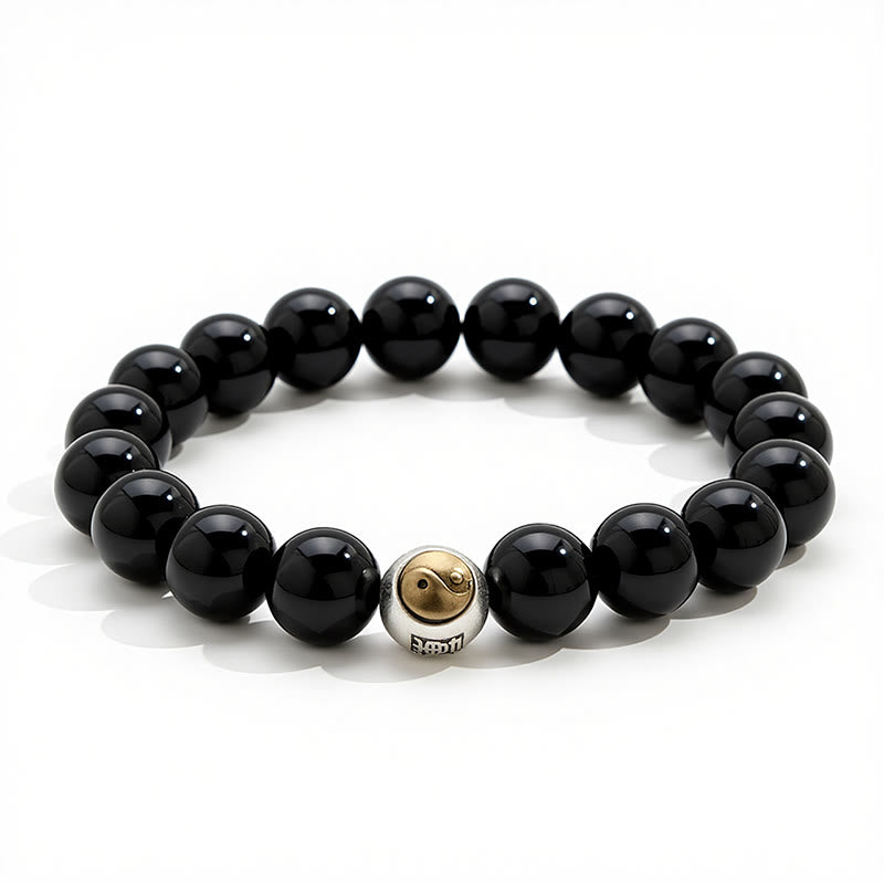 Buddha Stones Schwarzes Obsidian-Armband mit Yin-Yang-Symbol im Vintage-Stil, rund, mit Perlen - image 2