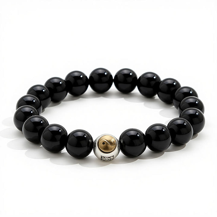 Buddha Stones Schwarzes Obsidian-Armband mit Yin-Yang-Symbol im Vintage-Stil, rund, mit Perlen - image 2