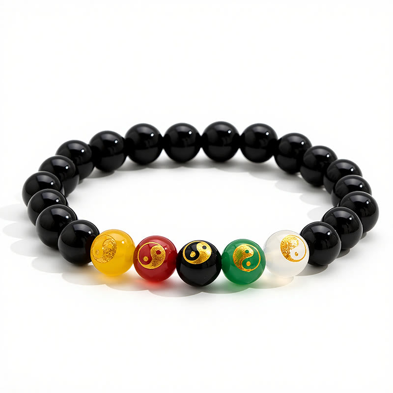 Buddha Stones Schwarzes Onyx-Armband mit Yin-Yang-Symbol, handpoliert, runde Perlen - image 1