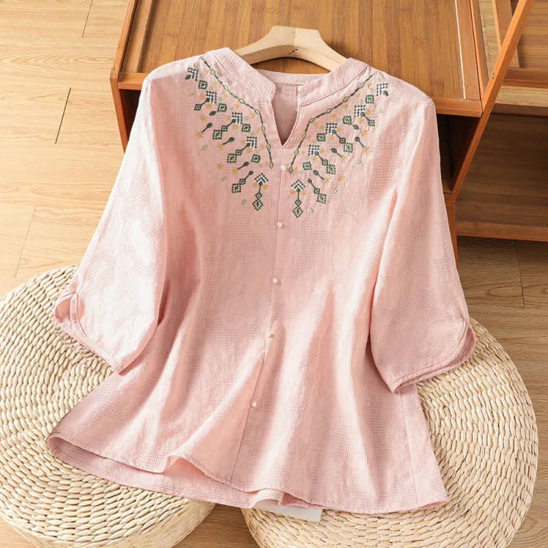 Buddha Stones Sommerliches, lässiges Boho-Shirt für Damen mit geometrischer Stickerei, Blumenmuster, V-Ausschnitt und Dreiviertelärmeln - Hellrosa - US12, UK/AU16, EU44 (3XL) - image 7