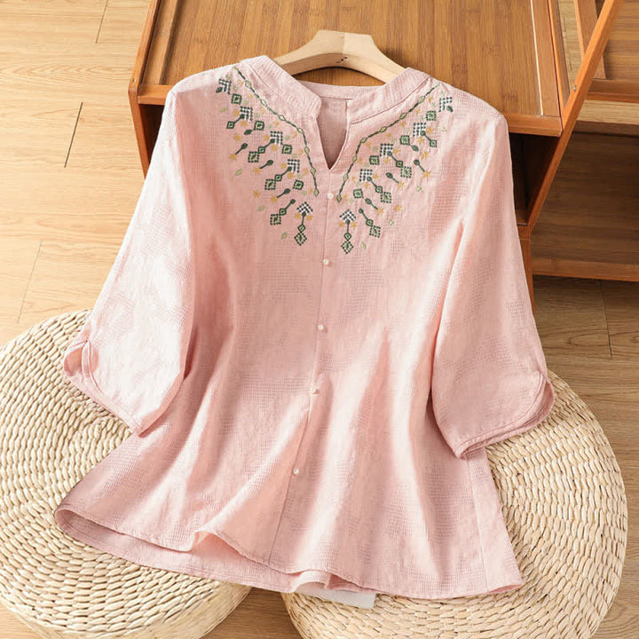 Buddha Stones Sommerliches, lässiges Boho-Shirt für Damen mit geometrischer Stickerei, Blumenmuster, V-Ausschnitt und Dreiviertelärmeln - Hellrosa - US12, UK/AU16, EU44 (3XL) - image 7