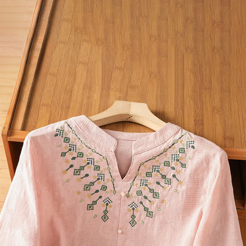 Buddha Stones Sommerliches, lässiges Boho-Shirt für Damen mit geometrischer Stickerei, Blumenmuster, V-Ausschnitt und Dreiviertelärmeln - image 9