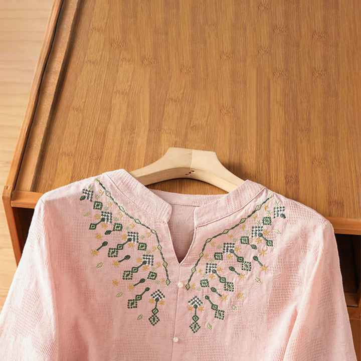 Buddha Stones Sommerliches, lässiges Boho-Shirt für Damen mit geometrischer Stickerei, Blumenmuster, V-Ausschnitt und Dreiviertelärmeln - image 9