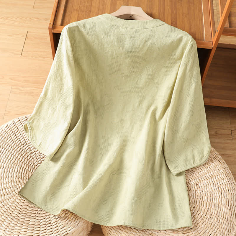 Buddha Stones Sommerliches, lässiges Boho-Shirt für Damen mit geometrischer Stickerei, Blumenmuster, V-Ausschnitt und Dreiviertelärmeln - image 16