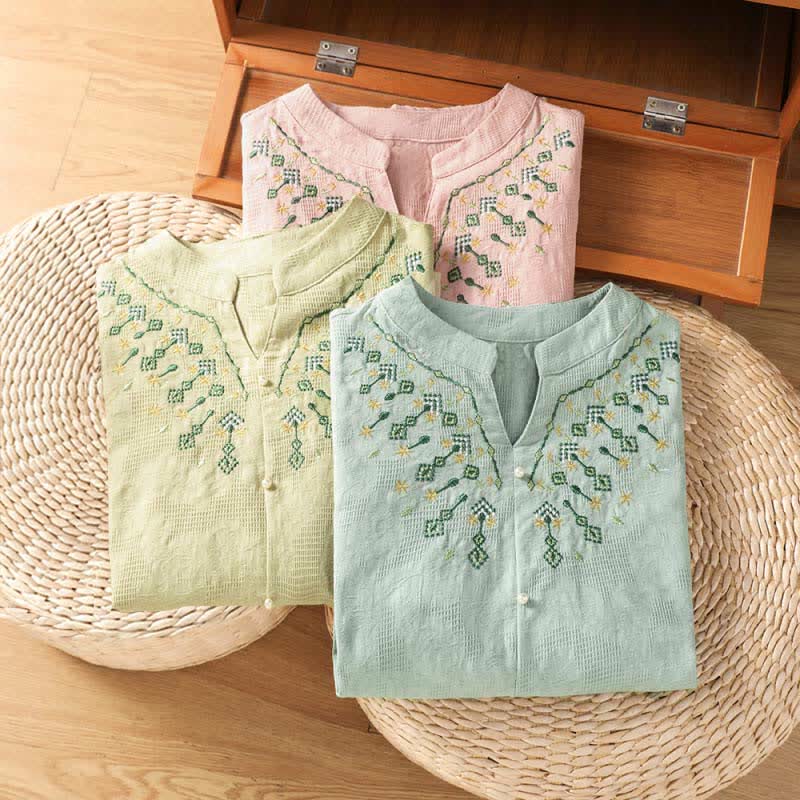 Buddha Stones Sommerliches, lässiges Boho-Shirt für Damen mit geometrischer Stickerei, Blumenmuster, V-Ausschnitt und Dreiviertelärmeln - image 23