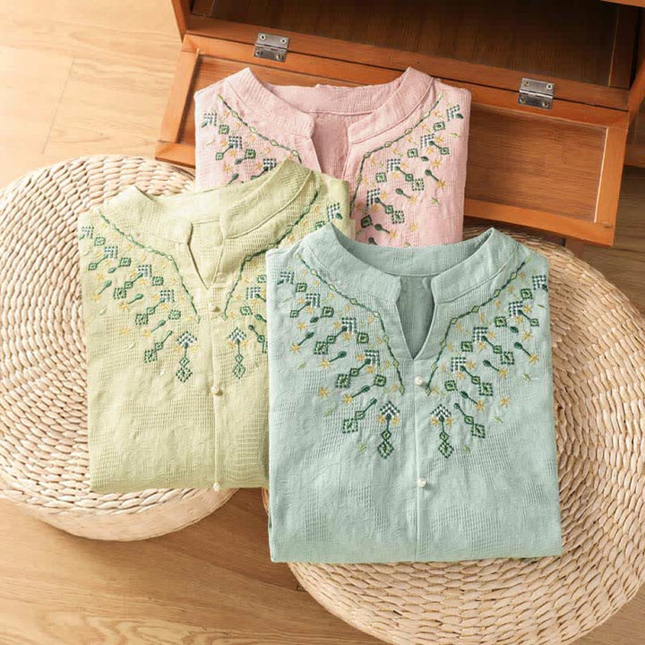 Buddha Stones Sommerliches, lässiges Boho-Shirt für Damen mit geometrischer Stickerei, Blumenmuster, V-Ausschnitt und Dreiviertelärmeln - image 23