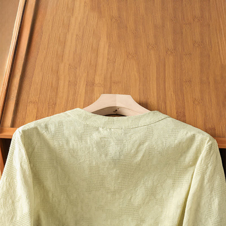 Buddha Stones Sommerliches, lässiges Boho-Shirt für Damen mit geometrischer Stickerei, Blumenmuster, V-Ausschnitt und Dreiviertelärmeln - image 18
