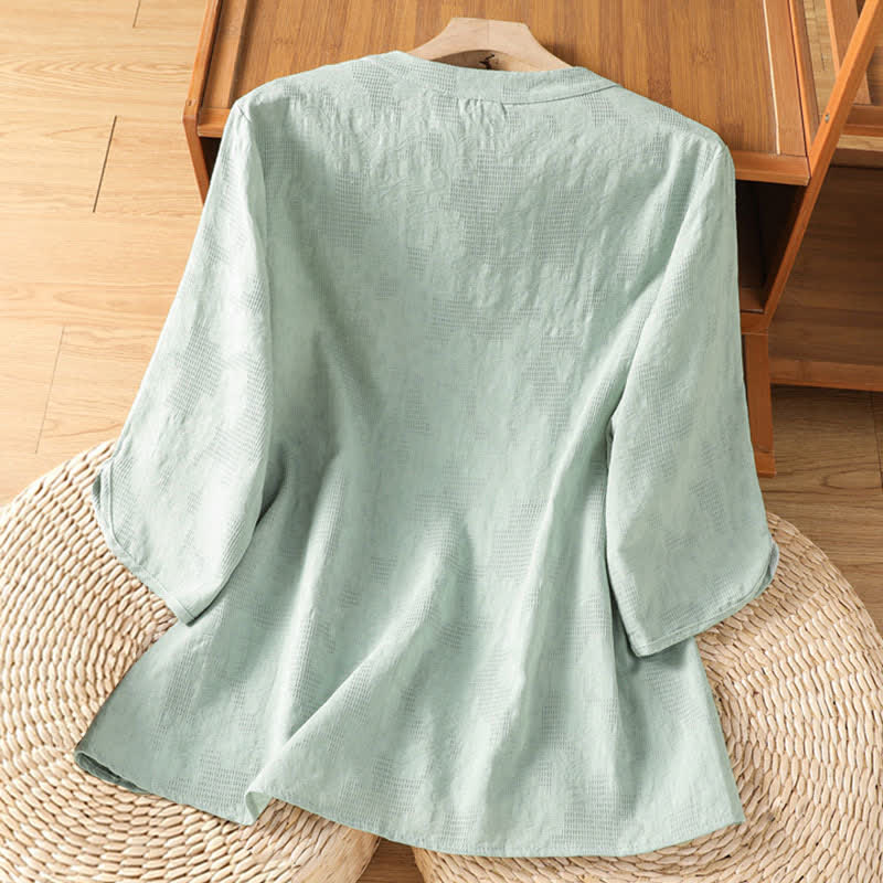 Buddha Stones Sommerliches, lässiges Boho-Shirt für Damen mit geometrischer Stickerei, Blumenmuster, V-Ausschnitt und Dreiviertelärmeln - image 1