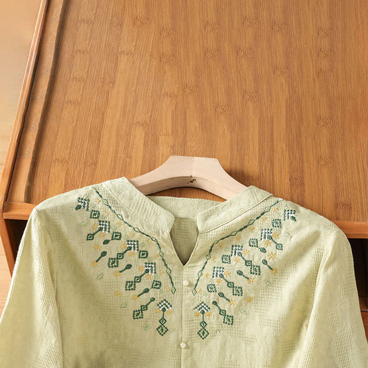 Buddha Stones Sommerliches, lässiges Boho-Shirt für Damen mit geometrischer Stickerei, Blumenmuster, V-Ausschnitt und Dreiviertelärmeln - image 17