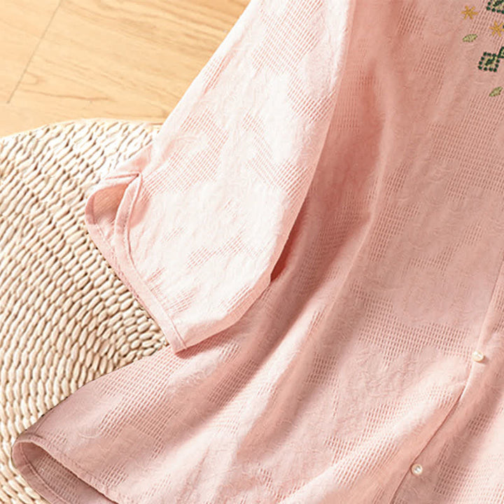 Buddha Stones Sommerliches, lässiges Boho-Shirt für Damen mit geometrischer Stickerei, Blumenmuster, V-Ausschnitt und Dreiviertelärmeln - image 12