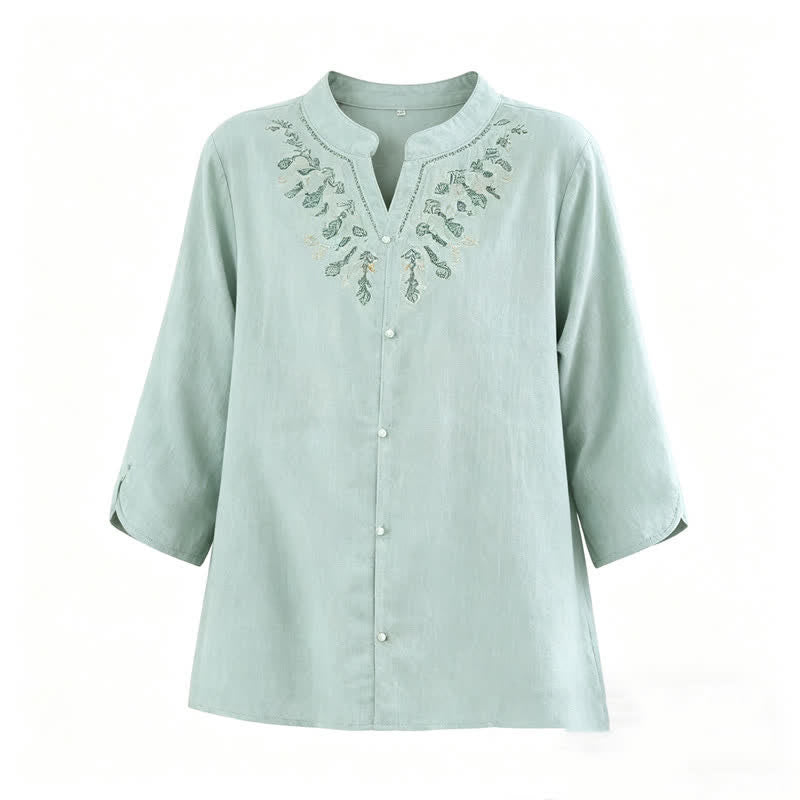 Buddha Stones Sommerliches, lässiges Boho-Shirt für Damen mit geometrischer Stickerei, Blumenmuster, V-Ausschnitt und Dreiviertelärmeln - image 6