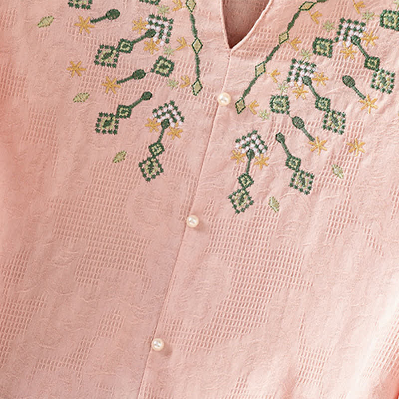 Buddha Stones Sommerliches, lässiges Boho-Shirt für Damen mit geometrischer Stickerei, Blumenmuster, V-Ausschnitt und Dreiviertelärmeln - image 11