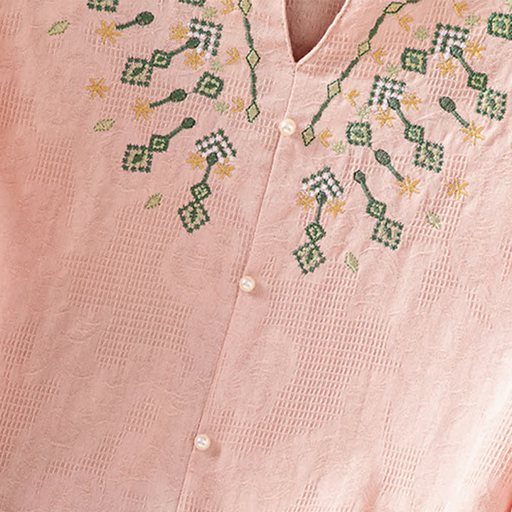 Buddha Stones Sommerliches, lässiges Boho-Shirt für Damen mit geometrischer Stickerei, Blumenmuster, V-Ausschnitt und Dreiviertelärmeln - image 11