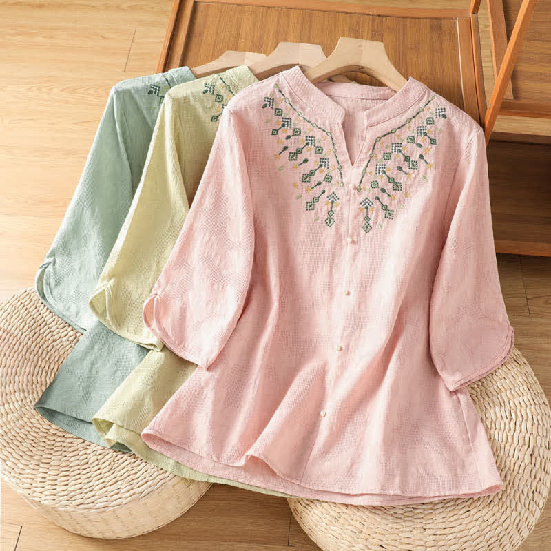 Buddha Stones Sommerliches, lässiges Boho-Shirt für Damen mit geometrischer Stickerei, Blumenmuster, V-Ausschnitt und Dreiviertelärmeln - image 22