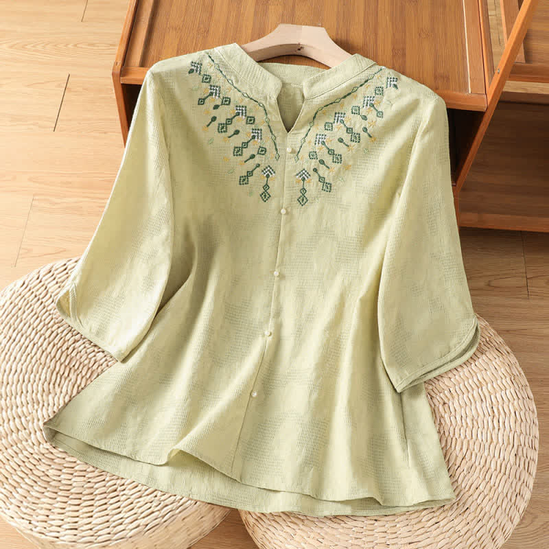Buddha Stones Sommerliches, lässiges Boho-Shirt für Damen mit geometrischer Stickerei, Blumenmuster, V-Ausschnitt und Dreiviertelärmeln - Blassgoldenrode - US12, UK/AU16, EU44 (3XL) - image 15