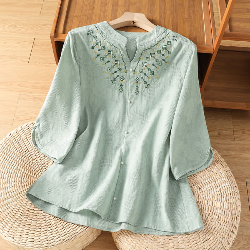Buddha Stones Sommerliches, lässiges Boho-Shirt für Damen mit geometrischer Stickerei, Blumenmuster, V-Ausschnitt und Dreiviertelärmeln - Hellgrün - US12, UK/AU16, EU44 (3XL) - image 0