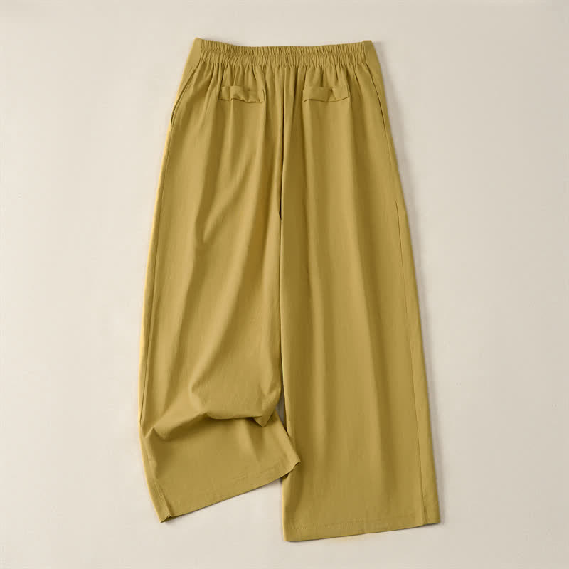 Buddha Stones Sommerliche, minimalistische und elegante, geknöpfte Damenhose mit Reißverschluss, geradem Bein und Taschen - Gelb - US12, UK/AU16, EU44 (3XL) - image 10