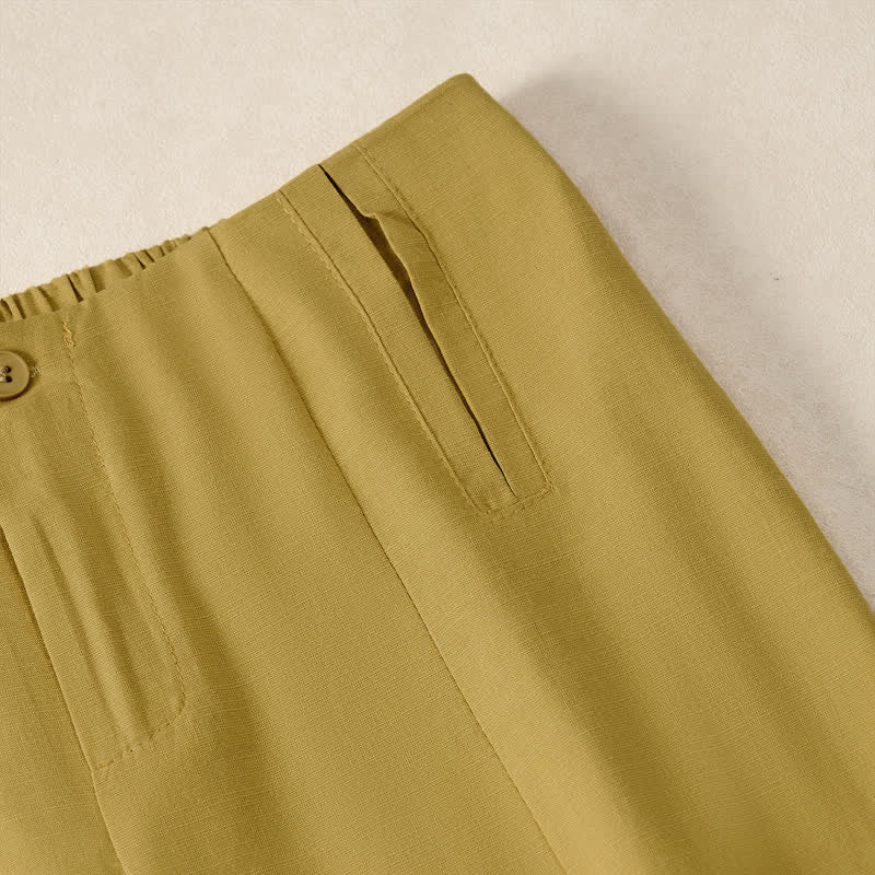 Buddha Stones Sommerliche, minimalistische und elegante, geknöpfte Damenhose mit Reißverschluss, geradem Bein und Taschen - image 13