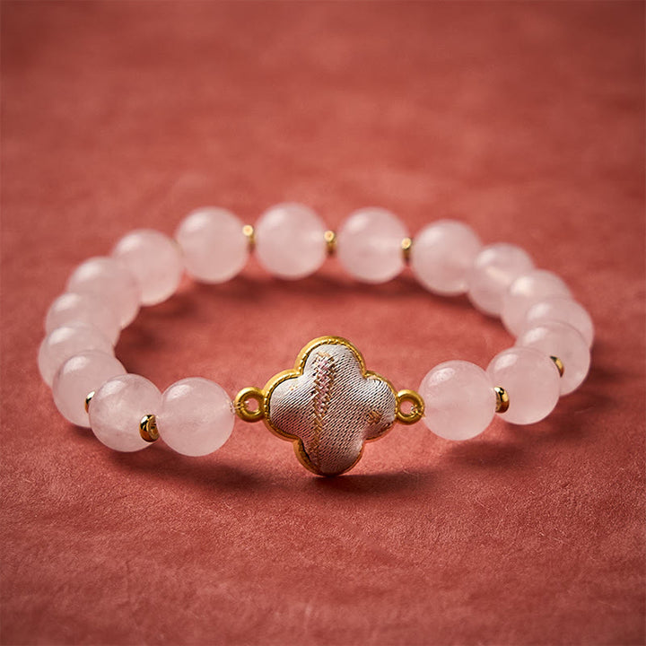 Buddha Stones Rosenquarz-Liedbrokat-Vierblattklee-Segens-Handgefertigtes Charm-Armband - Rosenquarz (gleicher Farbton – Muster variiert) - image 0