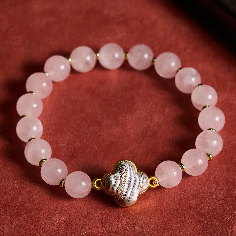 Buddha Stones Rosenquarz-Liedbrokat-Vierblattklee-Segens-Handgefertigtes Charm-Armband - image 1