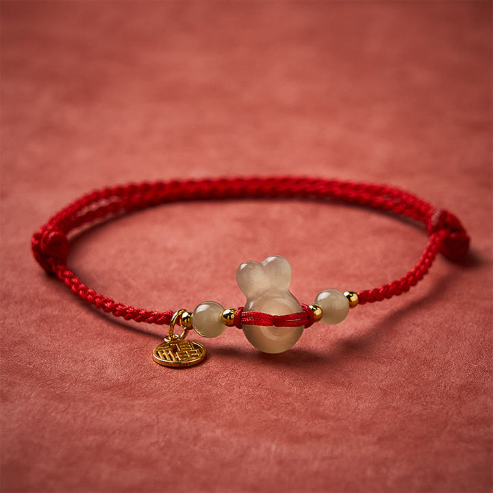Buddha Stones Hetian Jade Hasenkopf Friedensschnalle Fu-Charakter Erdung Rote Schnur Vintage Armband - image 1