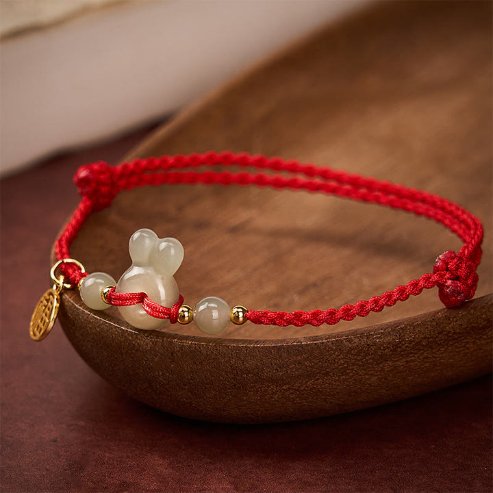 Buddha Stones Hetian Jade Hasenkopf Friedensschnalle Fu-Charakter Erdung Rote Schnur Vintage Armband - image 3