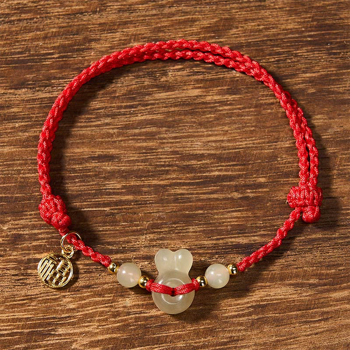 Buddha Stones Hetian Jade Hasenkopf Friedensschnalle Fu-Charakter Erdung Rote Schnur Vintage Armband - image 2