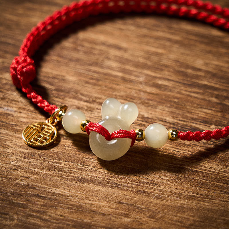 Buddha Stones Hetian Jade Hasenkopf Friedensschnalle Fu-Charakter Erdung Rote Schnur Vintage Armband - image 4