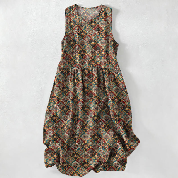 Buddha Stones Sommerliches, lässiges, ärmelloses Midikleid mit Taschen im Vintage-Stil mit persischem Blumenmuster für Damen - Sienna - US16, UK/AU20, EU48 (3XL) - image 0