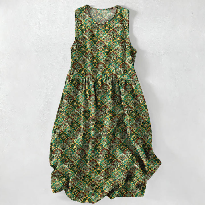 Buddha Stones Sommerliches, lässiges, ärmelloses Midikleid mit Taschen im Vintage-Stil mit persischem Blumenmuster für Damen - Dunkelolivgrün - US16, UK/AU20, EU48 (3XL) - image 4