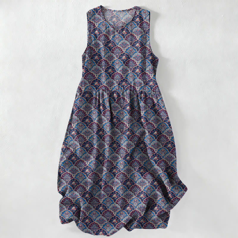 Buddha Stones Sommerliches, lässiges, ärmelloses Midikleid mit Taschen im Vintage-Stil mit persischem Blumenmuster für Damen - Mittelviolett - US16, UK/AU20, EU48 (3XL) - image 5