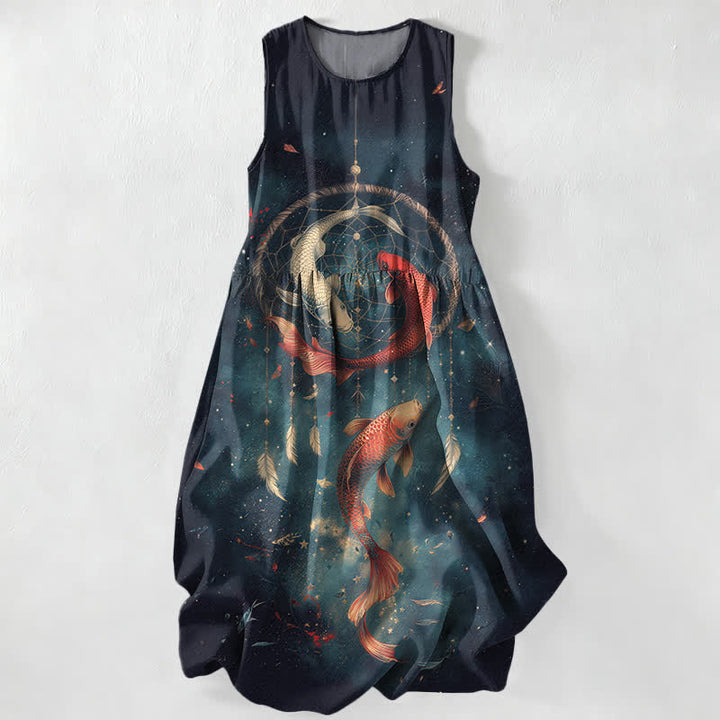 Buddha Stones Lässiges, ärmelloses Midikleid für Damen mit Taschen und Zwillings-Koi-Fisch-Federmuster - Mitternachtsblau - US16, UK/AU20, EU48 (3XL) - image 0