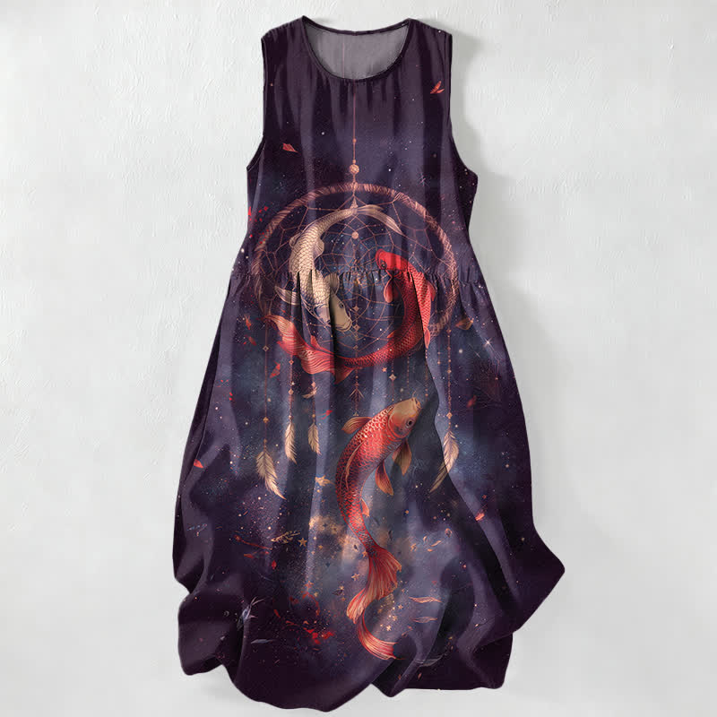 Buddha Stones Lässiges, ärmelloses Midikleid für Damen mit Taschen und Zwillings-Koi-Fisch-Federmuster - Indigo - US16, UK/AU20, EU48 (3XL) - image 4