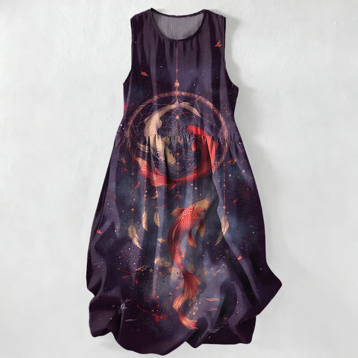 Buddha Stones Lässiges, ärmelloses Midikleid für Damen mit Taschen und Zwillings-Koi-Fisch-Federmuster - Indigo - US16, UK/AU20, EU48 (3XL) - image 4