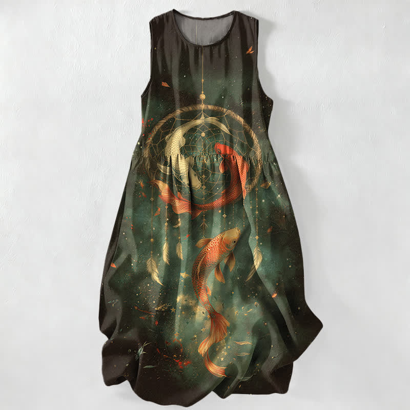 Buddha Stones Lässiges, ärmelloses Midikleid für Damen mit Taschen und Zwillings-Koi-Fisch-Federmuster - Dunkelgrün - US16, UK/AU20, EU48 (3XL) - image 5