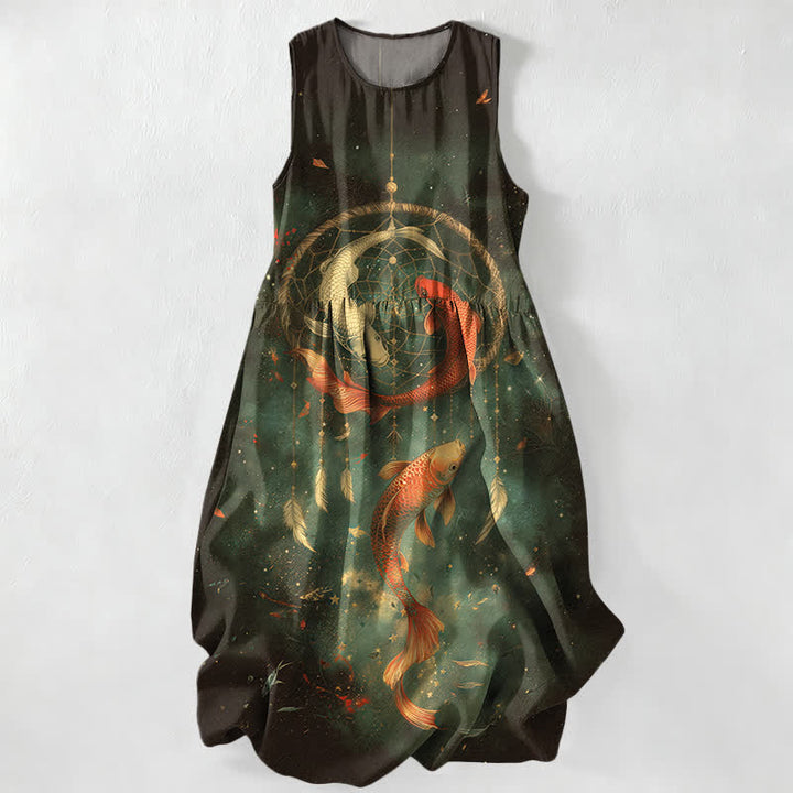 Buddha Stones Lässiges, ärmelloses Midikleid für Damen mit Taschen und Zwillings-Koi-Fisch-Federmuster - Dunkelgrün - US16, UK/AU20, EU48 (3XL) - image 5