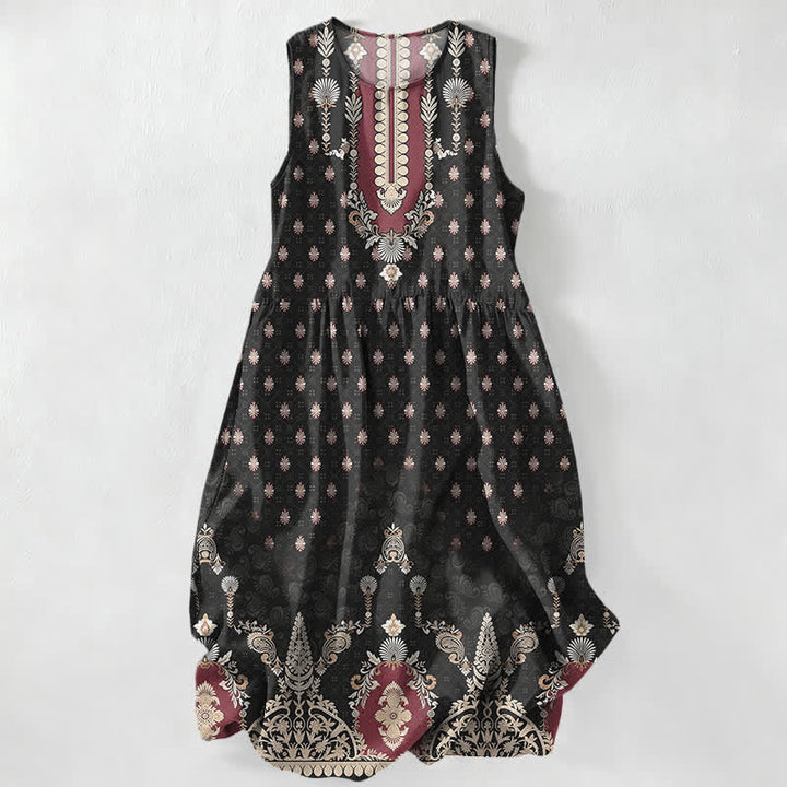 Buddha Stones Lässiges, ärmelloses Midikleid für Damen mit Taschen und ethnischem Blumenmuster in Rosa - Schwarz - US16, UK/AU20, EU48 (3XL) - image 0