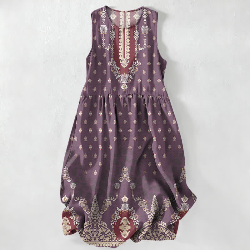 Buddha Stones Lässiges, ärmelloses Midikleid für Damen mit Taschen und ethnischem Blumenmuster in Rosa - Lila - US16, UK/AU20, EU48 (3XL) - image 4