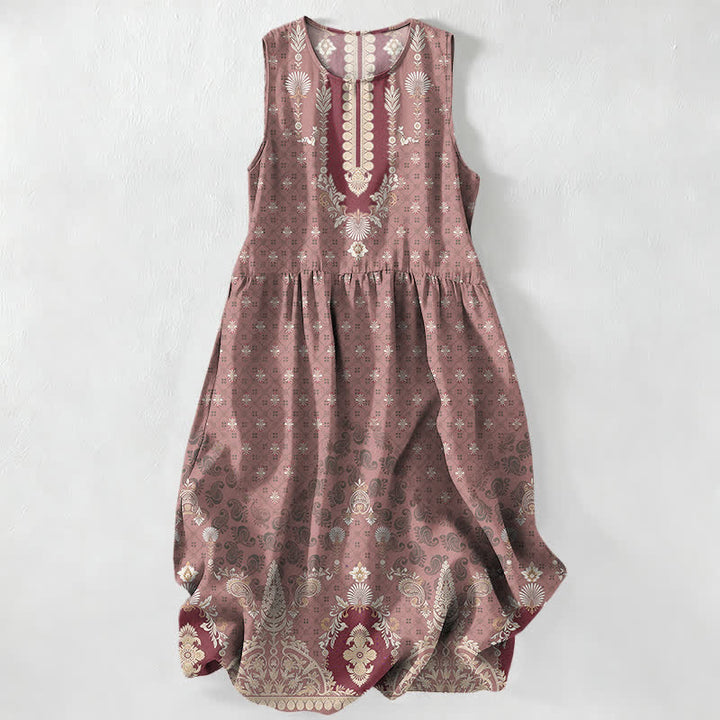 Buddha Stones Lässiges, ärmelloses Midikleid für Damen mit Taschen und ethnischem Blumenmuster in Rosa - RosyBrown - US16, UK/AU20, EU48 (3XL) - image 5